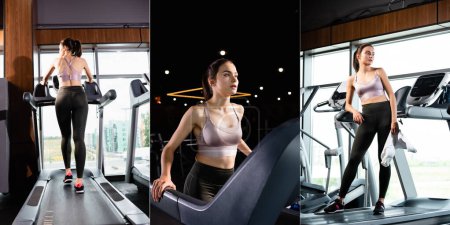 Photo for Collage of young sportswoman running on treadmill and standing with towel, banner - Royalty Free Image