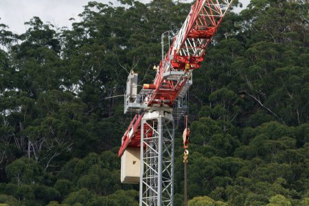 Téléchargez les photos : Grue de construction fermer avec toile de fond buissonnière. Grue industrielle sur le chantier de construction de logements neufs 56-58 Beane St. Gosford. 9 février 2021. Partie d'une image de paysage de série. Australie. - en image libre de droit