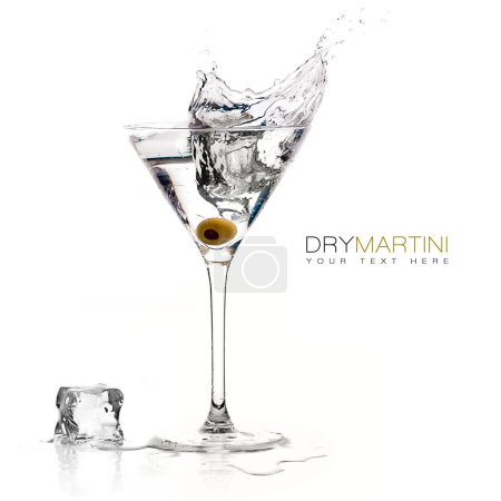 Photo for Dry martini cocktail with big splash isolated on white background. Design template with sample text - Royalty Free Image