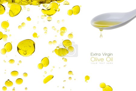 Photo for Healthy virgin olive oil dripping from a white ceramic spoon with detail of oil droplets in water on left side, closeup over white background. Design template with sample text - Royalty Free Image