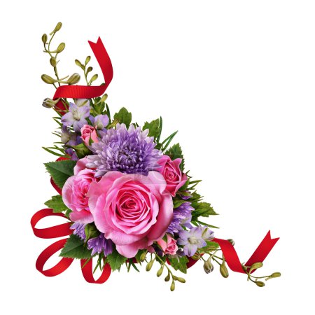 Arreglo de esquina de flores Aster y rosa con cinta de seda roja
