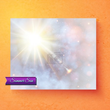 Illustration pour Jolie carte estivale deisgn avec un éclat de soleil éthéré dans un ciel pastel avec bokeh scintillant et bannière violette avec texte - Summer Sun - sur un fond orange gradué, illustration vectorielle - image libre de droit