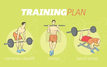 Illustration for Icons of sportsman training with barbell. Training Plan infographic.. Plan for people who start exercising - Royalty Free Image