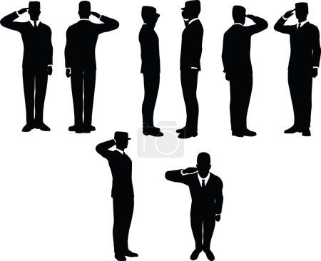 Téléchargez les illustrations : Homme d'affaires silhouette avec casquette de l'armée en saluant pose isolé sur fond blanc - en licence libre de droit