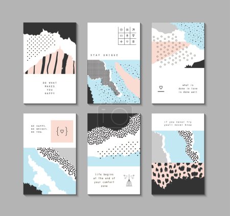 Ilustración de Colección de tarjetas creativas de moda con diferentes texturas. Collage. Diseño de póster, tarjeta, invitación, portada, cartel, folleto, volante. Vector - Imagen libre de derechos