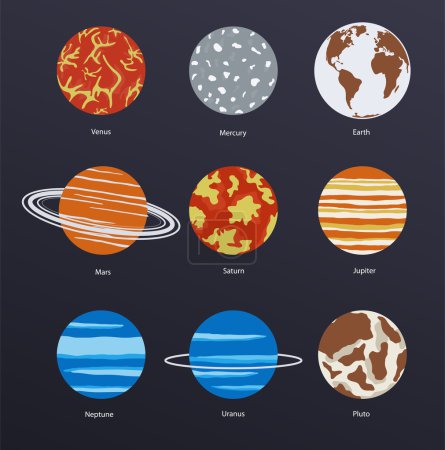Iconos de planetas sobre fondo oscuro
