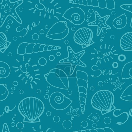 Ilustración de Un hermoso patrón de silueta vectorial inconsútil bajo el agua con estrellas de mar, conchas marinas, inscripciones de la mano - Imagen libre de derechos
