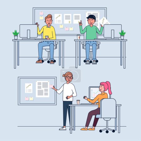 Mujer de negocios y hombre o un empleado que trabaja en el escritorio de la oficina con el ordenador portátil. Personal de oficina hablando con varias poses y gestos de manos para la presentación de negocios. Ilustración vectorial diseño plano.