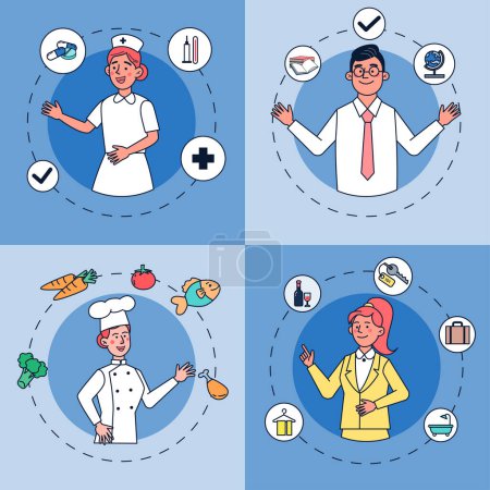 Ilustración de Dibujos animados Diseño de personajes. Varias de las personas las profesiones diferentes el trabajo y las ocupaciones el carácter con el equipo de los portadores la enfermera, el maestro, la recepcionista, el cocinero. Ilustración plana del vector - Imagen libre de derechos