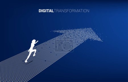 Ilustración de Silueta de hombre de negocios corriendo en la flecha desde píxel. concepto de transformación digital de las empresas. - Imagen libre de derechos