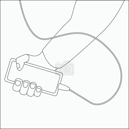 Illustration for The hand is holding the phone. Simple, outline or hand draw style. Black and white vector illustration. Isolated - Royalty Free Image