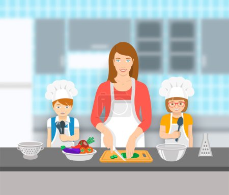 Illustration for Mother and kids cooking together at a kitchen. Mom cuts vegetables for salad, happy little son and daughter help her. Family domestic pastime background. Vector flat illustration - Royalty Free Image