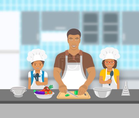 Father and kids cooking together at kitchen flat illustration