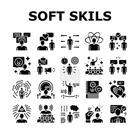 Ilustración de Habilidades Suaves Gente Colección Iconos Set Vector. Creatividad y toma de decisiones, comprensión del lenguaje corporal y el aprendizaje, habilidades blandas Pictogramas de glifos Ilustraciones negras - Imagen libre de derechos