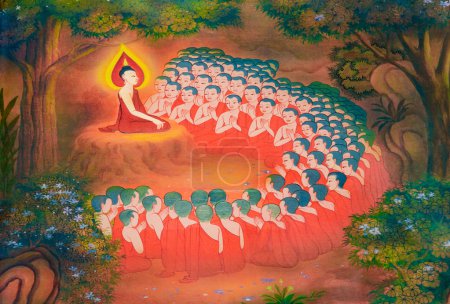 Antigua pintura mural del bhuddismo monjes surgen en el templo Wat Dhammamongkol en Bangkok, Tailandia
