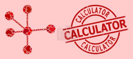 Ilustración de Sello de la calculadora grunge y mosaico de corazón de amor rojo para conexiones de nodo. El sello redondo rojo tiene el título de la calculadora dentro del círculo. Nodo conexiones mosaico se compone de elementos rojos de la boda. - Imagen libre de derechos