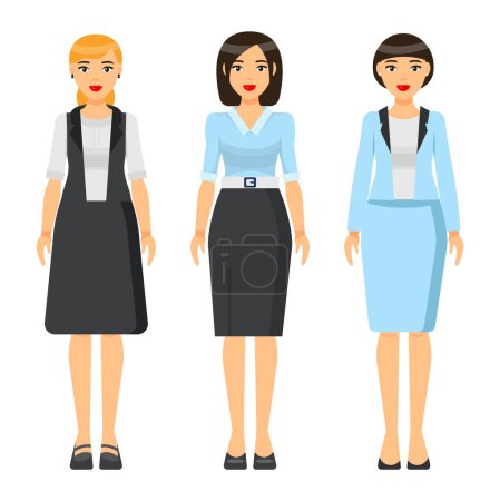 Illustration for Set of vector chartoon characters. Dresscode of businesswoman. Woman wearing blue office suit, jacket and skirt. Girl wearing dress. Stylish business lady in blouse and skirt. Business person style - Royalty Free Image