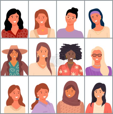 Set de avatares de diseño plano. Chica joven positiva diferentes nacionalidades. Rostros femeninos
