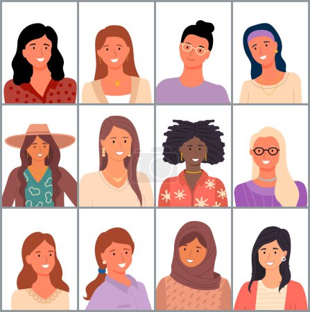 Illustration for Set of avatars in flat design style. Positive young girl different nationalities. Stylish female faces and shoulders avatars. Portrait of cool students with different skin colors and hairstyles - Royalty Free Image