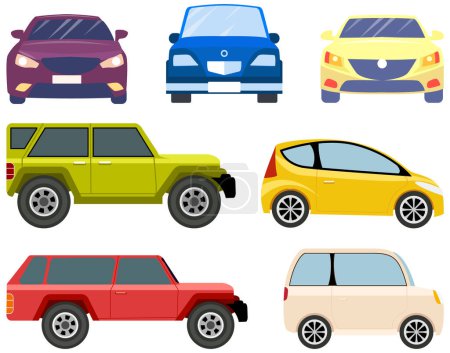 Illustration for Set of modes of transport and machine shapes. Transport isolated on white background. Crossover, hatchback, pickup, cabriolet vehicle vector illustration. Cars of different types without drivers - Royalty Free Image