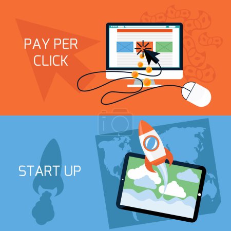 Ilustración de Concepto de diseño plano de nuevo proyecto empresarial o nueva puesta en marcha del producto y pago por clic en la publicidad en Internet - Imagen libre de derechos
