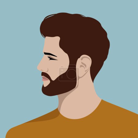 Portrait d'un beau jeune hipster barbu aux cheveux bruns avec une expression sérieuse portant un T-shirt sur fond bleu ciel, vue de profil, illustration vectorielle colorée