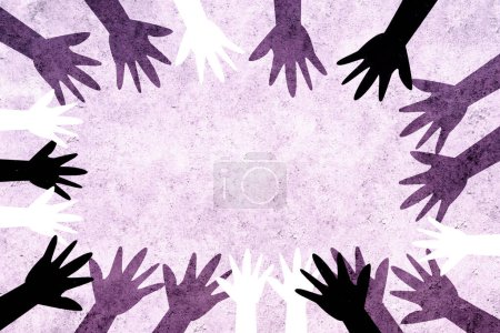 Diseño multicultural con manos de diferentes colores unidos en el Día Internacional de la Mujer pidiendo igualdad. Diseño feminista para el día de la mujer. Feminismo, protesta, alto, derechos de la mujer.
