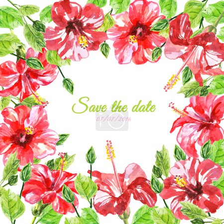 Foto de Marco de color rojo acuarela flores de hibisco. Ilustración aislada sobre fondo blanco. Colección floral colorida con hojas y flores, dibujadas a mano. Diseño de primavera o verano para invitación, boda - Imagen libre de derechos