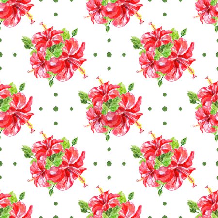 Photo for Seamless pattern with red watercolor Hibiscus flowers. Illustration isolated on white background. Colorful floral collection with leaves and flowers, hand drawn. Spring or summer design for invitation - Royalty Free Image