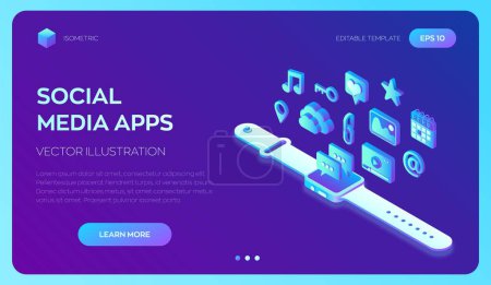 Ilustración de Aplicaciones de redes sociales en un Smart Watch. Iconos isométricos de redes sociales 3d. Aplicaciones móviles. Creado para móviles, Web, Decoración, Aplicación. Perfecto para diseño web, banner y presentación. Ilustración vectorial - Imagen libre de derechos