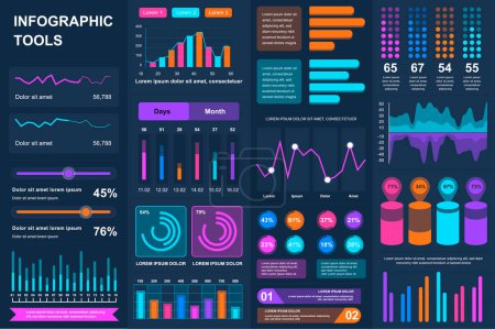 Ilustración de Paquete de interfaz de usuario de infografía, UX, elementos KIT. Diferentes gráficos, diagramas, flujo de trabajo, diagrama de flujo, línea de tiempo, esquemas, iconos de marketing, gráficos y plantillas de diseño de barras. Conjunto gráfico e infográfico de información vectorial. - Imagen libre de derechos
