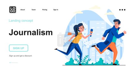 Ilustración de Concepto web de periodismo. Una periodista postulándose para ser entrevistada. Programa de noticias, medios de comunicación. Plantilla de escena de la gente. Ilustración vectorial con actividades de carácter en diseño plano para sitio web - Imagen libre de derechos