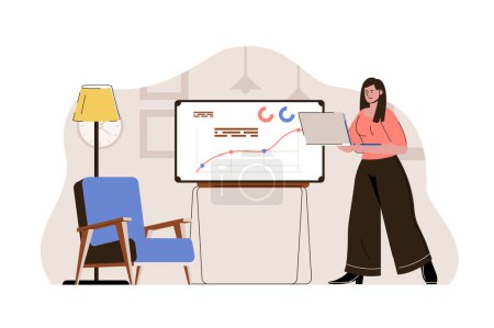 Ilustración de Concepto de proceso de gestión. Mujer gerente trabajando en el ordenador portátil, la preparación de la situación de presentación. Oficina de flujo de trabajo escena de la gente. Ilustración vectorial con diseño de carácter plano para sitio web y sitio móvil - Imagen libre de derechos