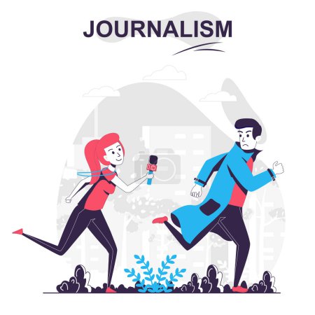 Ilustración de Periodismo concepto de dibujos animados aislado. Periodista o paparazzi corre detrás del hombre, la gente de los medios de comunicación de masas escena en diseño plano. Ilustración vectorial para blogging, sitio web, aplicación móvil, materiales promocionales. - Imagen libre de derechos