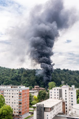 Column of black smoke rising above forest.