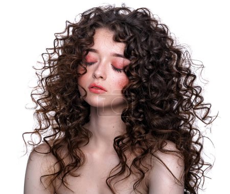 Photo for Beautiful woman face with curly hair nude shoulders cosmetology and spa or hair care concept on white background copy space - Royalty Free Image