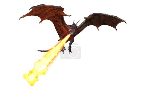 Fantasie Feuer atmenden grünen Drachen oder Flügeldrachen fliegen und zielen einen Strom von Flammen auf ein Ziel darunter. 3D-Illustration isoliert auf weißem Hintergrund. 