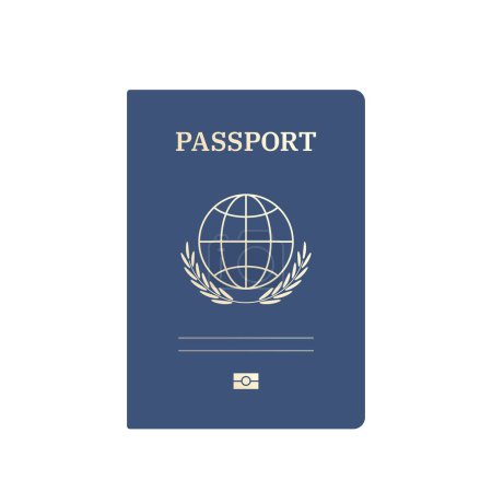 Illustration for Passport template with a blue cover and golden elements. The document has a simple globe icon and olive branches. Vector illustration. - Royalty Free Image