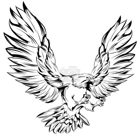 Illustration for Monochrome eagle during landing with raised wings and outstretched talons on white background isolated vector illustration - Royalty Free Image