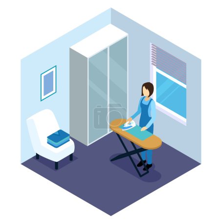 Illustration for Ironing of clothes isometric composition in white blue tones with woman and board near window vector illustration - Royalty Free Image