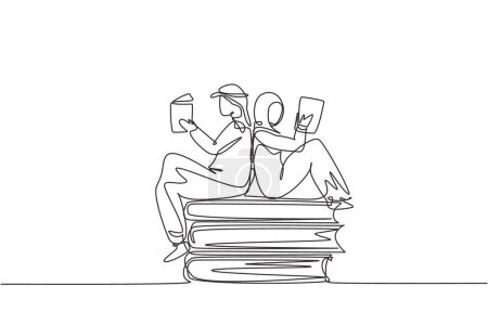 Ilustración de Single one line drawing Arabian students woman and man reading, learning and sitting on big books. Study in library. Literature fans or lovers. Continuous line draw design graphic vector illustration - Imagen libre de derechos