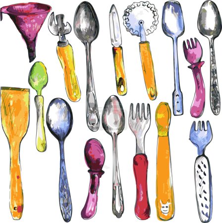 Illustration for Set of kitchen utensils drawing by watercolor and ink, hand drawn vector illustration - Royalty Free Image