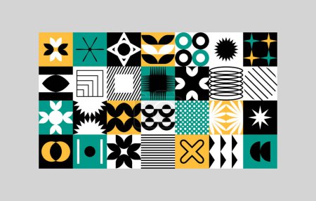 Ilustración de Fondo vectorial con elementos geométricos de retazos minimalistas coloridos abstractos. Contemporáneo simple varias formas, curvas, líneas, zigzag. Plantilla de impresión de póster, diseño web, textil - Imagen libre de derechos