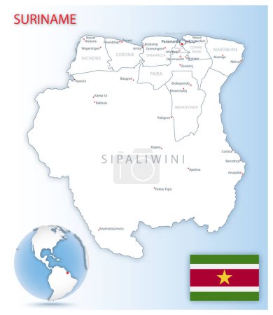 Ilustración de Mapa administrativo detallado de Surinam con bandera del país y ubicación en un globo azul. Ilustración vectorial - Imagen libre de derechos
