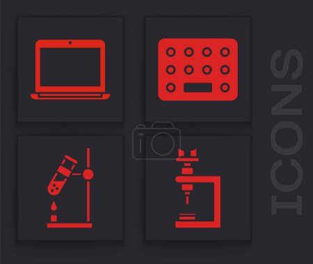 Ilustración de Set Microscopio, Ordenador portátil, Pastillas en blister y frasco de tubo de ensayo en el icono de fuego. Vector. - Imagen libre de derechos