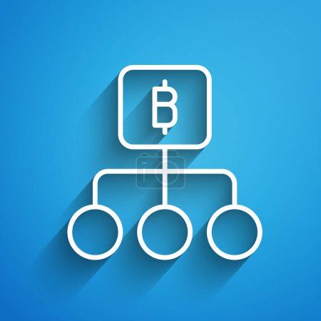 Ilustración de Línea blanca Tecnología Blockchain Icono de Bitcoin aislado sobre fondo azul. Negocio abstracto de tecnología de red de cadena de bloques geométricos. Larga sombra. Vector. - Imagen libre de derechos