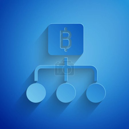 Ilustración de Corte de papel Tecnología Blockchain Icono de Bitcoin aislado sobre fondo azul. Negocio abstracto de tecnología de red de cadena de bloques geométricos. Estilo de arte de papel. Vector. - Imagen libre de derechos