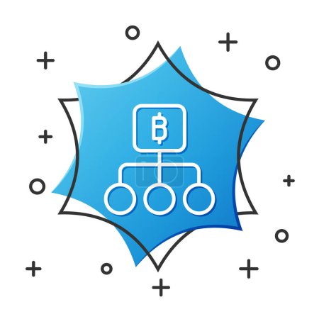 Ilustración de Línea blanca Tecnología Blockchain Icono de Bitcoin aislado sobre fondo blanco. Negocio abstracto de tecnología de red de cadena de bloques geométricos. Botón hexágono azul. Vector. - Imagen libre de derechos