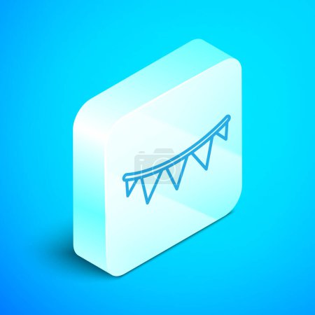 Ilustración de Guirnalda de carnaval de línea isométrica con icono de banderas aislado sobre fondo azul. Banderines de fiesta para la celebración del cumpleaños, decoración del festival. Botón cuadrado plateado. Vector. - Imagen libre de derechos