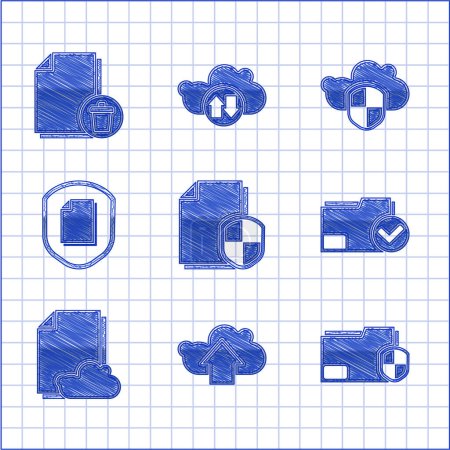 Ilustración de Establecer concepto de protección de documentos Carpeta de carga en la nube y marca de verificación escudo de documento de texto y Borrar icono de archivo. Vector. - Imagen libre de derechos